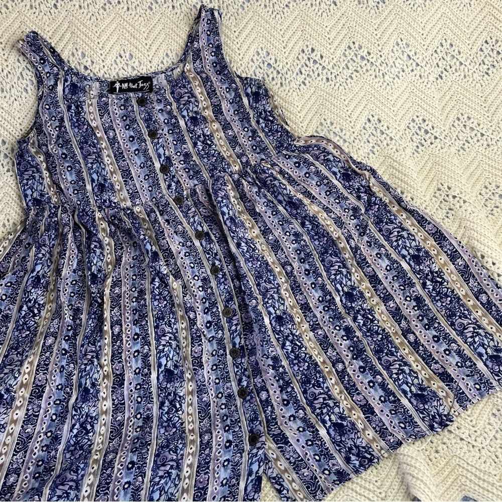 Vintage Dress Mini Babydoll 90s Boho Print Hippy Button Down Tank Mix Print Blue